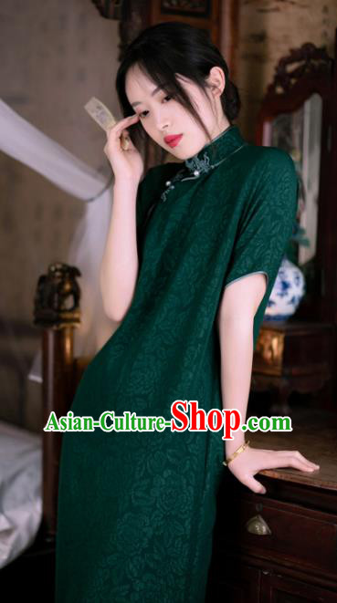 Traditional Chinese Late Qing Dynasty Deep Green Silk Qipao Dress National Tang Suit Cheongsam Costume for Women