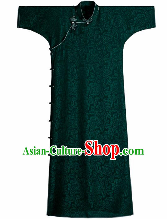 Traditional Chinese Late Qing Dynasty Deep Green Silk Qipao Dress National Tang Suit Cheongsam Costume for Women