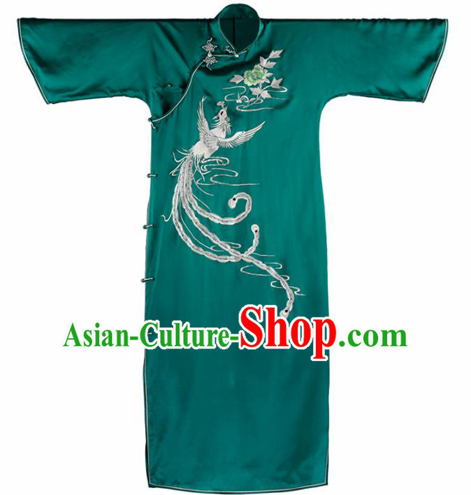 Traditional Chinese Embroidered Phoenix Green Silk Qipao Dress National Tang Suit Cheongsam Costume for Women