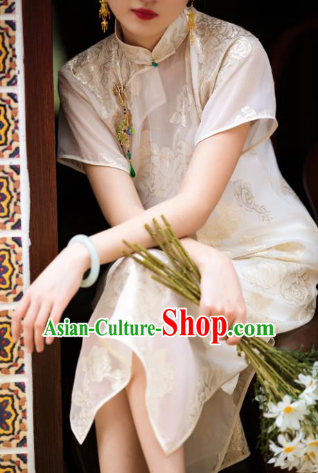 Traditional Chinese White Qipao Dress National Tang Suit Cheongsam Costume for Women