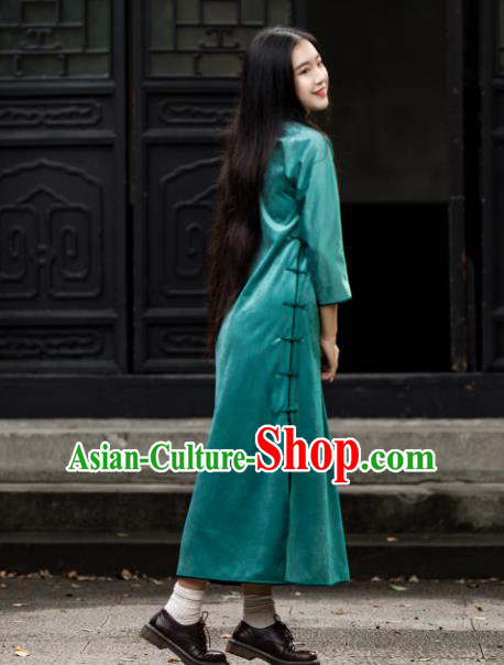 Traditional Chinese Winter Green Corduroy Qipao Dress National Tang Suit Cheongsam Costume for Women