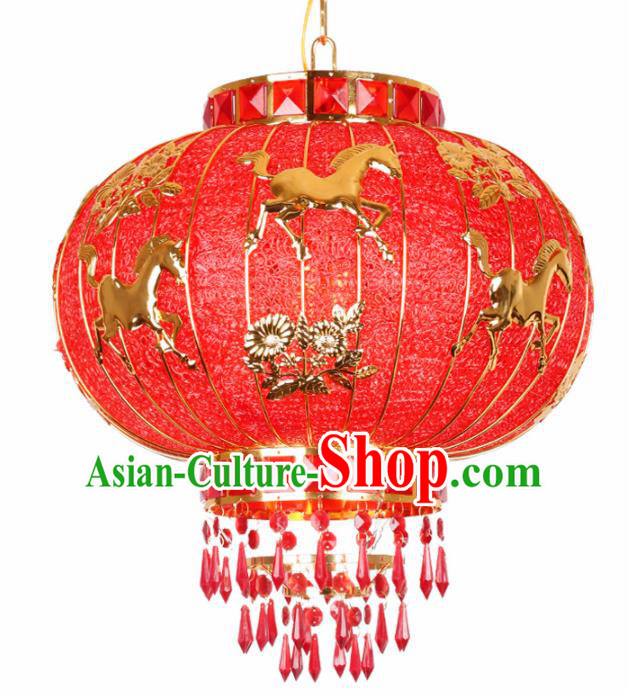Chinese Traditional New Year Carving Horse Red Palace Lantern Handmade Hanging Lantern Asian Ceiling Lanterns Ancient Lamp