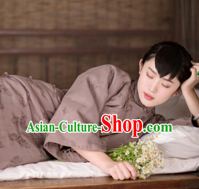 Traditional Chinese Khaki Silk Qipao Dress National Tang Suit Cheongsam Costume for Women