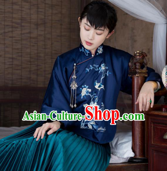 Chinese Traditional Tang Suit Navy Jacket National Costume Republic of China Qipao Upper Outer Garment for Women