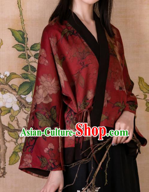 Chinese Traditional Tang Suit Printing Red Silk Shirt National Costume Republic of China Qipao Upper Outer Garment for Women