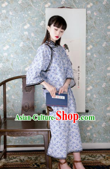 Traditional Chinese Printing Blue Flowers Qipao Dress National Tang Suit Cheongsam Costume for Women