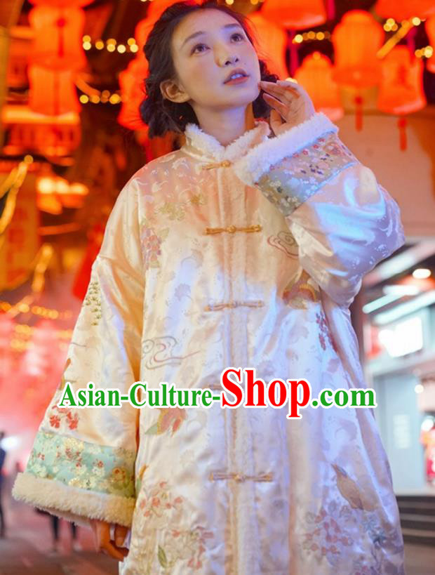 Chinese Traditional Tang Suit Pink Cotton Padded Coat National Costume Republic of China Qipao Upper Outer Garment for Women
