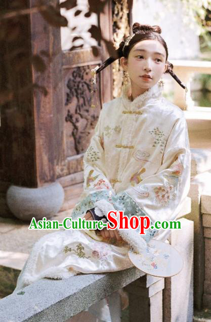 Chinese Traditional Tang Suit White Cotton Padded Coat National Costume Republic of China Qipao Upper Outer Garment for Women