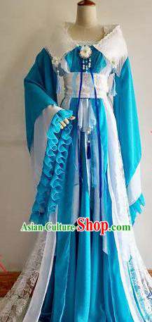 Chinese Traditional Cosplay Goddess Princess Blue Costume Ancient Imperial Consort Hanfu Dress for Women