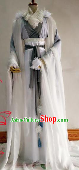 Chinese Traditional Cosplay Swordswoman Grey Costume Ancient Royal Princess Hanfu Dress for Women