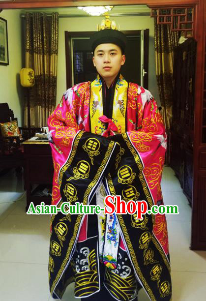 Chinese Traditional Taoism Costume Ancient Taoist Priest Cassocks Embroidered Crane Red Vestment