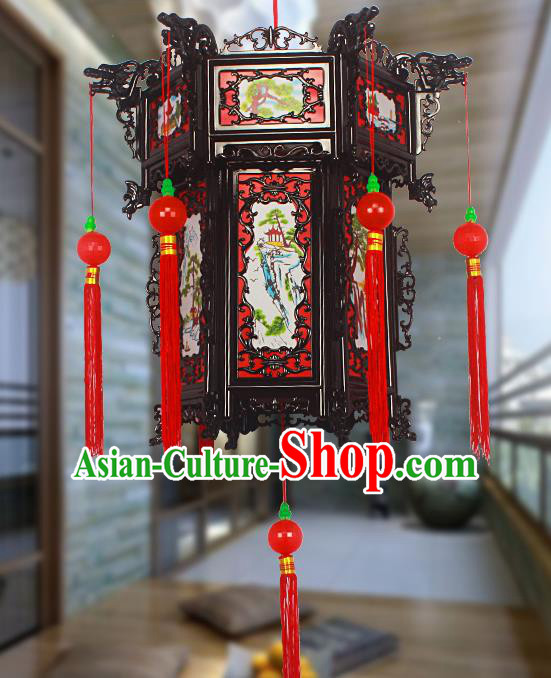 Chinese Traditional Handmade Red Tassel Printing Plastic Palace Lantern Asian New Year Lantern Ancient Ceiling Lamp