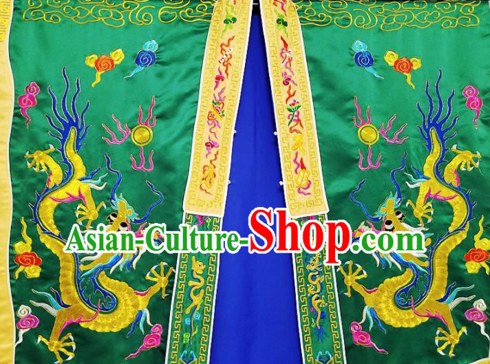 Chinese Ancient Taoist Priest Embroidered Round Dragons Green Cassocks Traditional Taoism Vestment Costume
