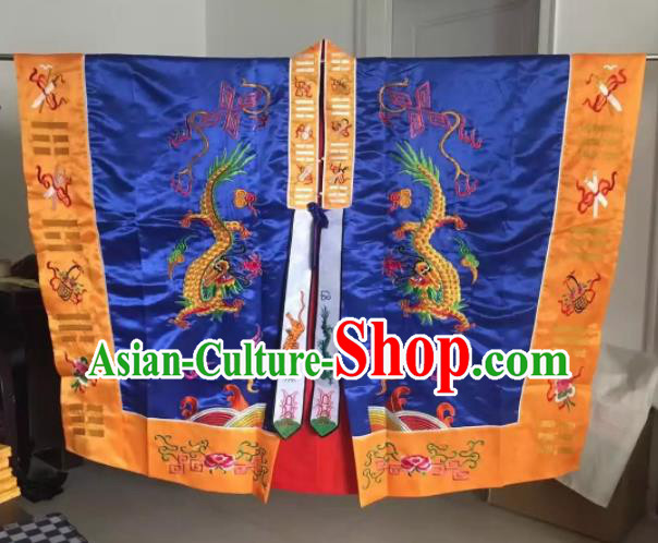 Chinese Ancient Taoist Priest Embroidered Double Dragons Navy Cassocks Traditional Taoism Vestment Costume