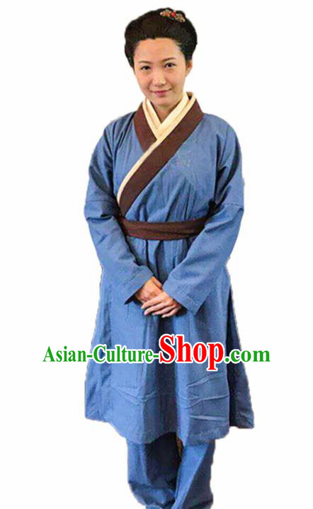 Chinese Traditional Han Dynasty Female Civilian Blue Costume Ancient Farmwife Clothing for Women