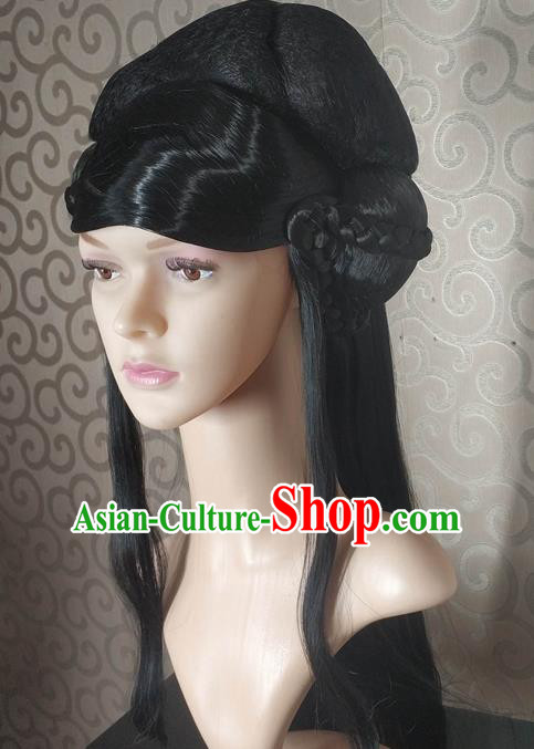 Chinese Ancient Princess Wigs Traditional Tang Dynasty Nobility Lady Black Long Wig Sheath Headwear for Women