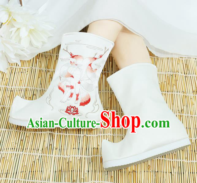 Chinese National White Boots Hanfu Shoes Traditional Princess Shoes Embroidered Shoes for Women