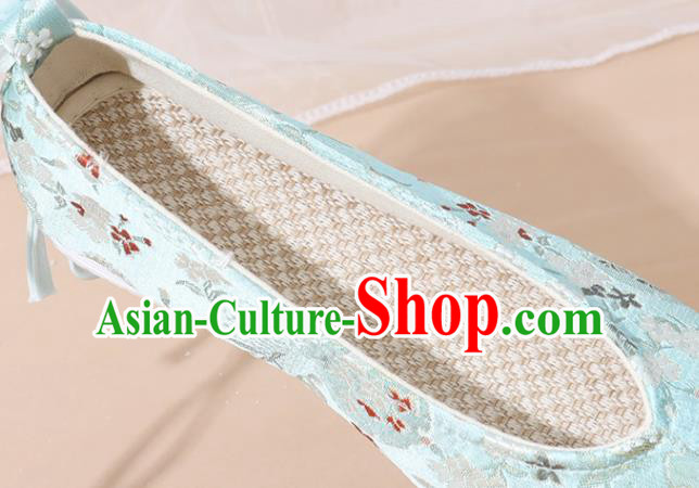 Chinese National Wedding Hanfu Shoes Traditional Princess Blue Satin Shoes Embroidered Shoes for Women