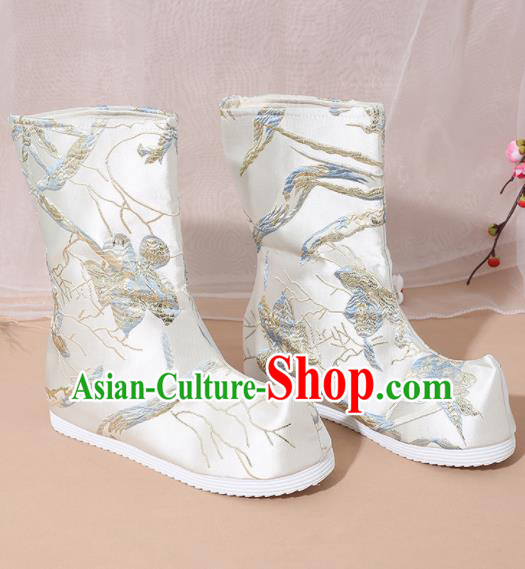Chinese National White Satin Boots Hanfu Shoes Traditional Princess Shoes Embroidered Crane Shoes for Women