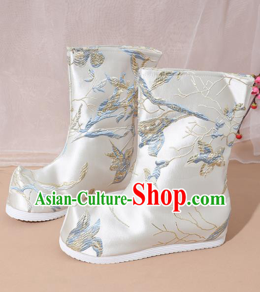 Chinese National White Satin Boots Hanfu Shoes Traditional Princess Shoes Embroidered Crane Shoes for Women