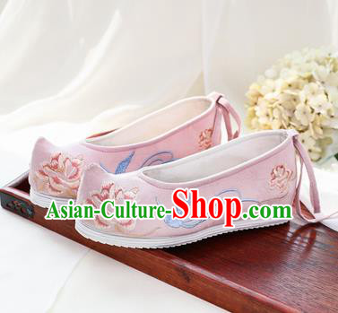 Chinese National Embroidered Peony Pink Shoes Ancient Traditional Princess Shoes Hanfu Shoes for Women