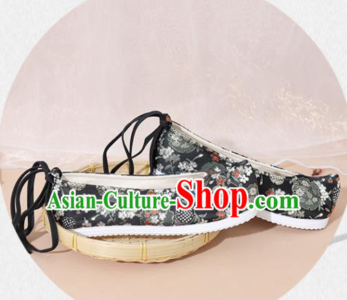 Chinese National Wedding Hanfu Shoes Traditional Princess Black Satin Shoes Embroidered Shoes for Women
