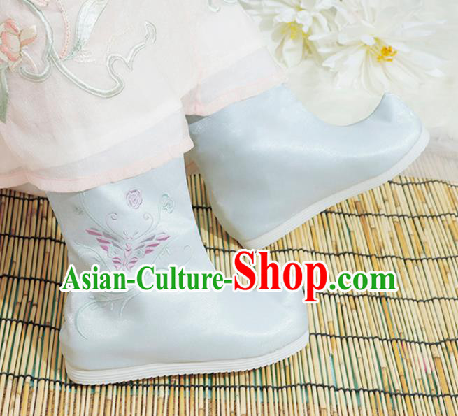 Chinese National Embroidered Butterfly Blue Boots Hanfu Shoes Traditional Princess Shoes Ancient Shoes for Women