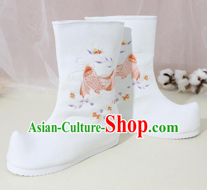 Chinese National Embroidered Carp White Boots Hanfu Shoes Traditional Princess Shoes Ancient Shoes for Women