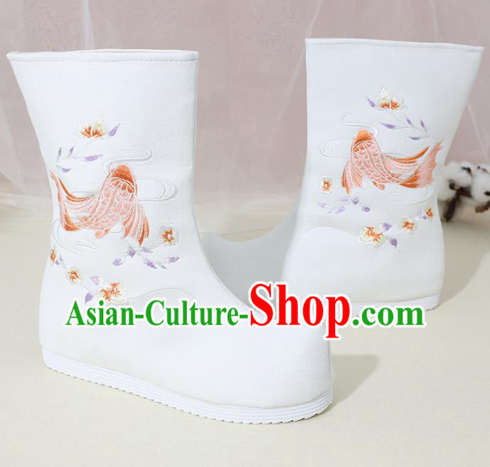 Chinese National Embroidered Carp White Boots Hanfu Shoes Traditional Princess Shoes Ancient Shoes for Women