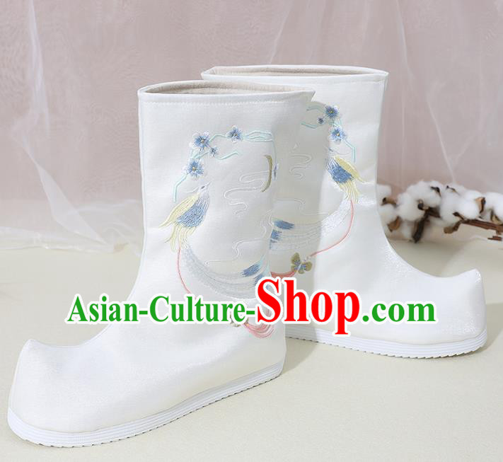 Chinese National Embroidered Phoenix White Boots Hanfu Shoes Traditional Princess Shoes Ancient Shoes for Women