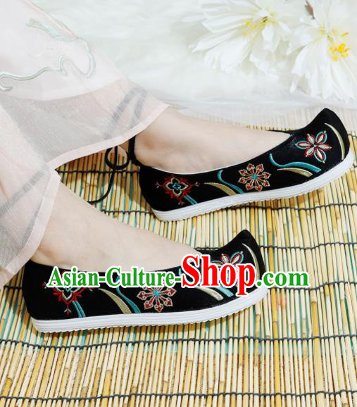 Chinese National Black Embroidered Shoes Ancient Traditional Princess Shoes Hanfu Shoes for Women