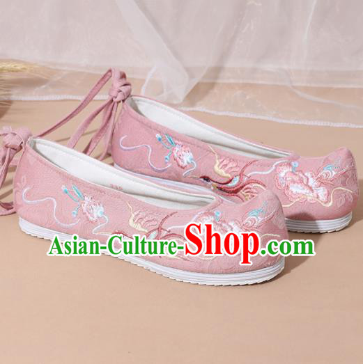 Chinese National Embroidered Phoenix Peony Pink Shoes Ancient Traditional Princess Shoes Hanfu Shoes for Women