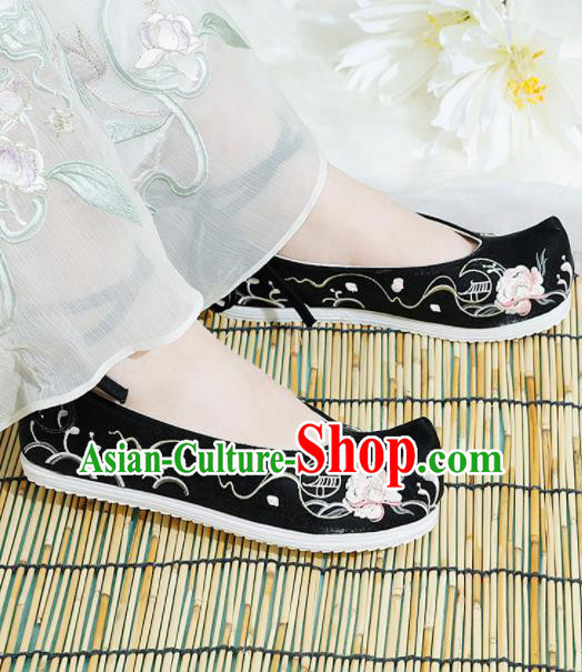 Chinese National Embroidered Peony Black Shoes Ancient Traditional Princess Shoes Hanfu Shoes for Women
