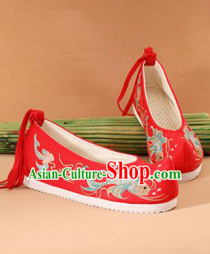 Chinese National Embroidered Carps Red Shoes Ancient Traditional Princess Shoes Wedding Hanfu Shoes for Women