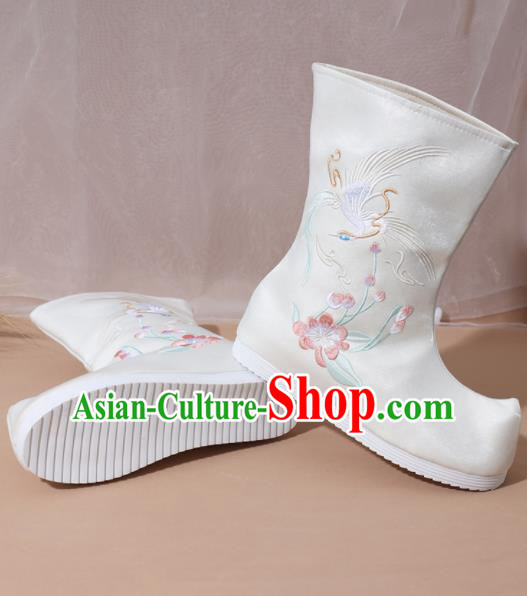 Chinese National White Boots Hanfu Shoes Traditional Princess Shoes Embroidered Crane Shoes for Women