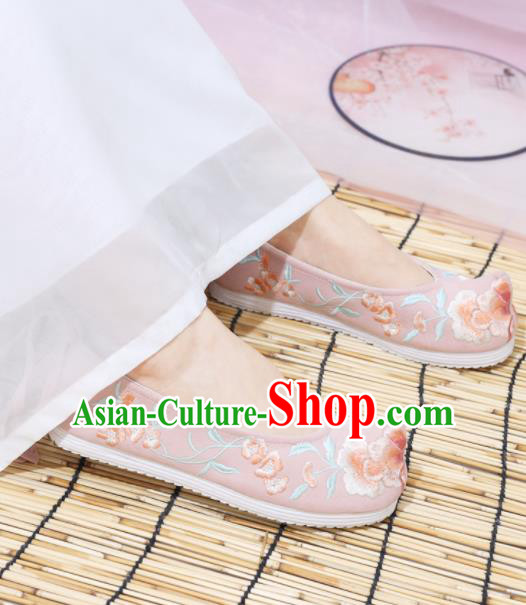 Traditional Chinese National Embroidered Peony Pink Shoes Ancient Princess Shoes Handmade Hanfu Shoes for Women