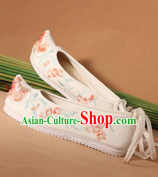 Traditional Chinese National Embroidered Peony White Shoes Ancient Princess Shoes Handmade Hanfu Shoes for Women