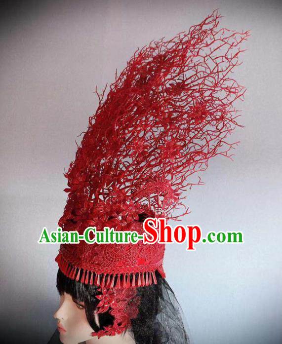 Traditional Chinese Deluxe Red Hat Hair Accessories Halloween Stage Show Headdress for Women