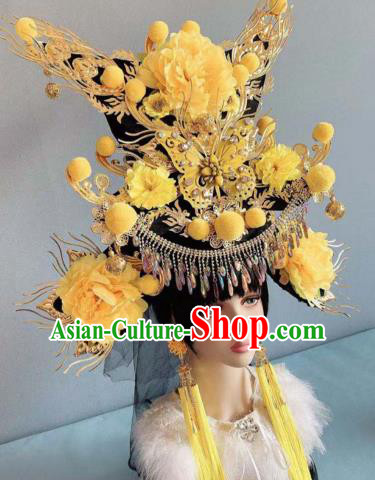 Traditional Chinese Deluxe Yellow Peony Phoenix Coronet Hair Accessories Halloween Stage Show Headdress for Women