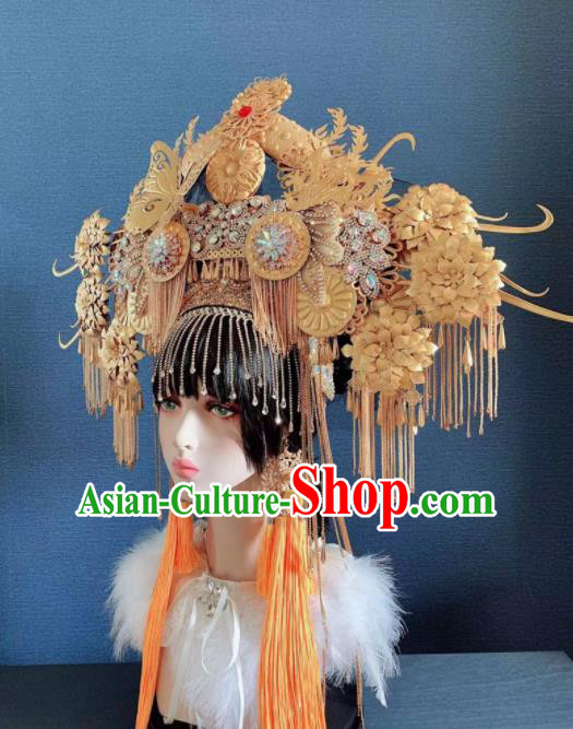 Traditional Chinese Deluxe Golden Butterfly Tassel Phoenix Coronet Hair Accessories Halloween Stage Show Headdress for Women