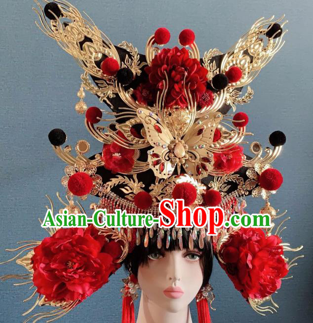 Traditional Chinese Deluxe Palace Red Peony Phoenix Coronet Hair Accessories Halloween Stage Show Headdress for Women
