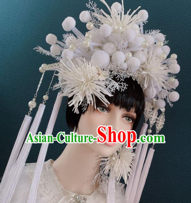 Traditional Chinese Deluxe Palace White Venonat Phoenix Coronet Hair Accessories Halloween Stage Show Headdress for Women