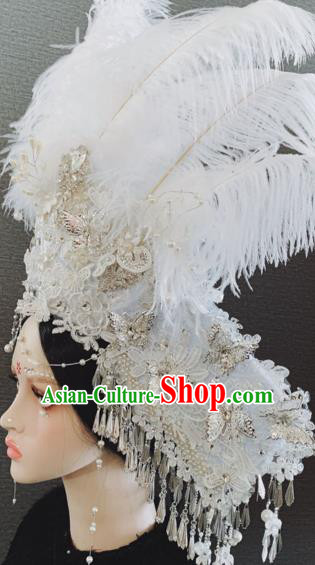 Top Grade Halloween Stage Show White Feather Hair Accessories Brazilian Carnival Headdress for Women