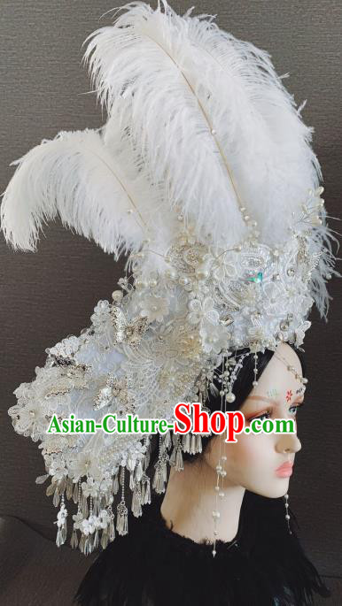 Top Grade Halloween Stage Show White Feather Hair Accessories Brazilian Carnival Headdress for Women
