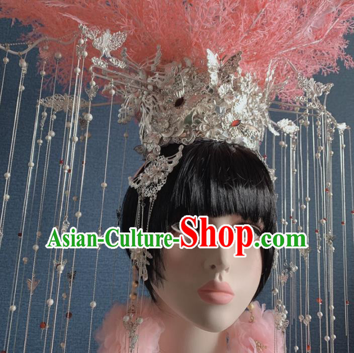 Traditional Chinese Deluxe Feather Pink Phoenix Coronet Hair Accessories Halloween Stage Show Headdress for Women