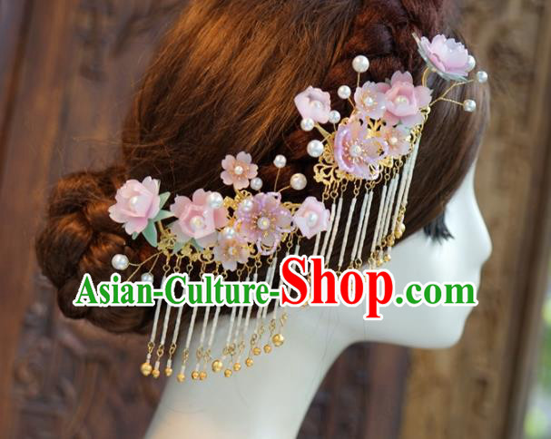 Traditional Chinese Handmade Hair Accessories Pink Flowers Hairpins Ancient Hanfu Tassel Hair Claws for Women