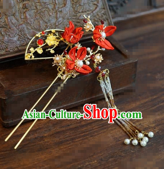 Traditional Chinese Handmade Court Red Maple Leaf Plum Tassel Hairpins Hair Accessories Ancient Hanfu Hair Clip for Women