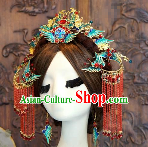 Traditional Chinese Wedding Hair Accessories Cloisonne Phoenix Coronet Ancient Bride Hairpins Complete Set for Women