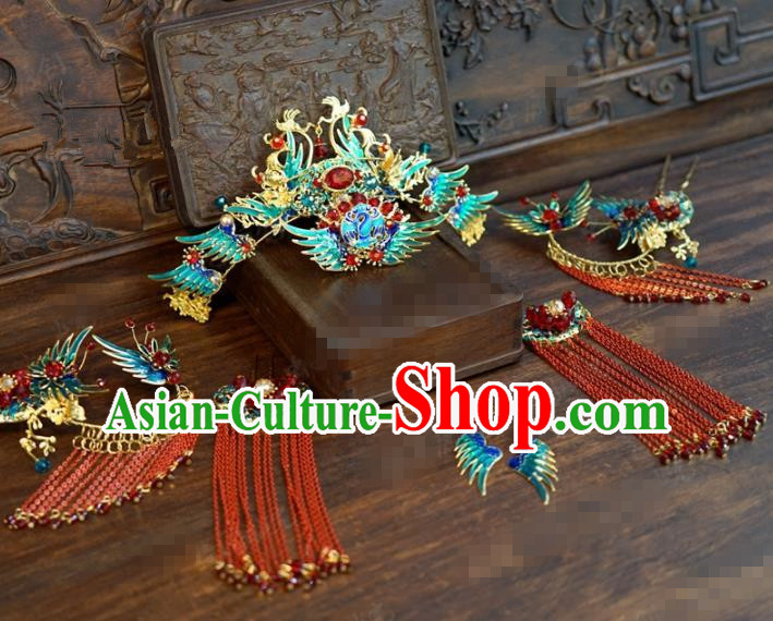Traditional Chinese Wedding Hair Accessories Cloisonne Phoenix Coronet Ancient Bride Hairpins Complete Set for Women