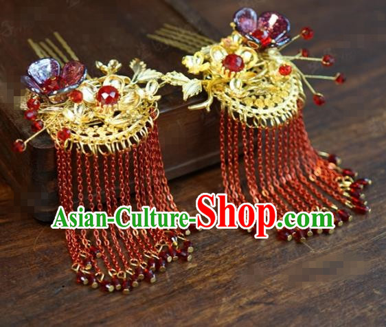Traditional Chinese Ancient Queen Red Tassel Hair Clip Handmade Hanfu Court Hairpins Hair Accessories for Women